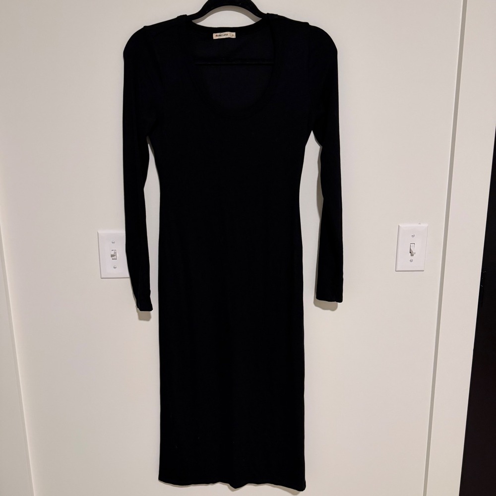 Marine Layer Womens Black Ribbed Long Sleeve Scoop Neck Midi Bodycon Dress Small